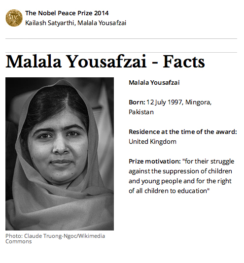Prix Nobel de la Paix 2014 pour Malala Yousafzai